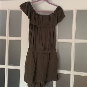 Olive green open back romper- off the shoulder